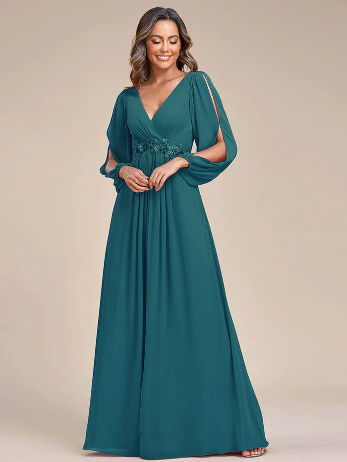 V-Neck Long Sleeve Applique A-Line Chiffon Evening Dress