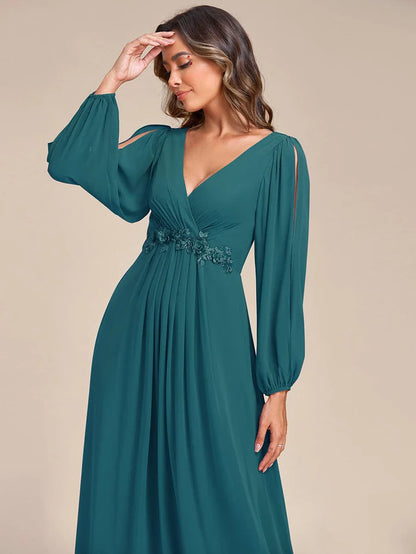 V-Neck Long Sleeve Applique A-Line Chiffon Evening Dress