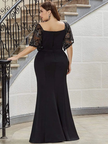 Black Elegant Plus Size V Neck Fishtail Evening Dress for Women