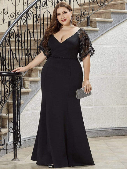 Black Elegant Plus Size V Neck Fishtail Evening Dress for Women