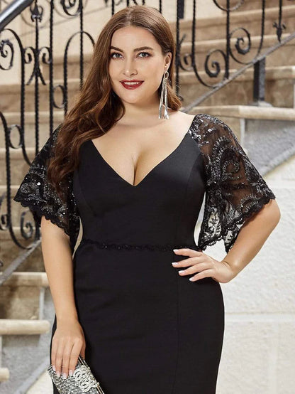 Black Elegant Plus Size V Neck Fishtail Evening Dress for Women