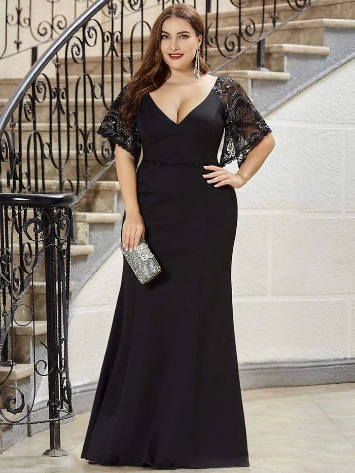 Black Elegant Plus Size V Neck Fishtail Evening Dress for Women