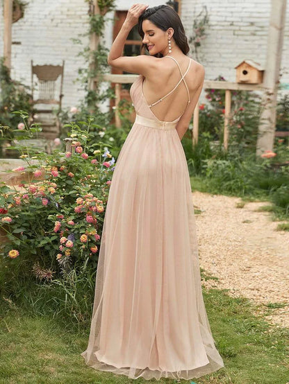 Sexy Deep V-neck Backless Tulle Maxi Evening Dresses