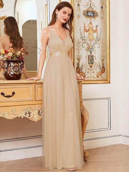 Sexy Deep V-neck Backless Tulle Maxi Evening Dresses