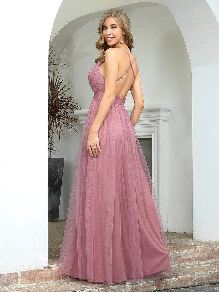 Sexy Deep V-neck Backless Tulle Maxi Evening Dresses