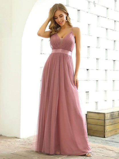 Sexy Deep V-neck Backless Tulle Maxi Evening Dresses