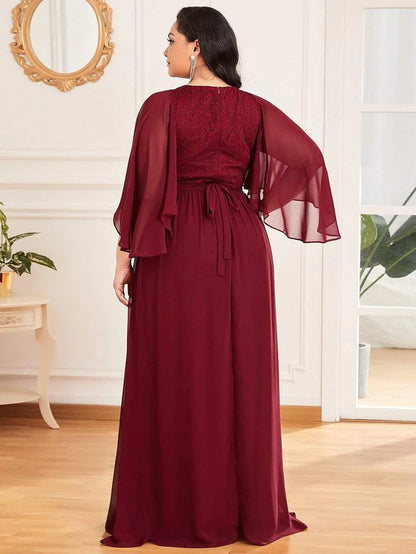 Elegant Maxi V Neck Chiffon Wedding Guest Dress with Sleeves