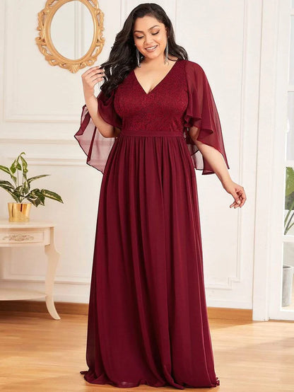 Elegant Maxi V Neck Chiffon Wedding Guest Dress with Sleeves