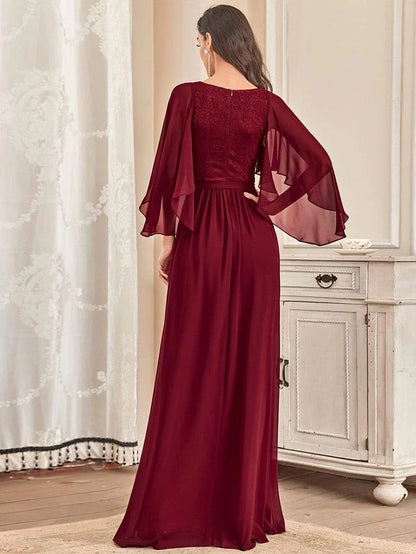 Elegant Maxi V Neck Chiffon Wedding Guest Dress with Sleeves