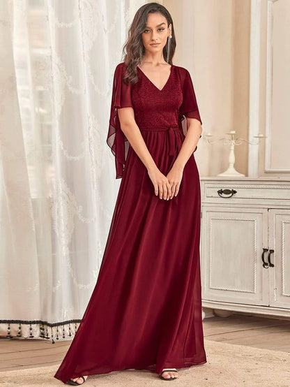 Elegant Maxi V Neck Chiffon Wedding Guest Dress with Sleeves