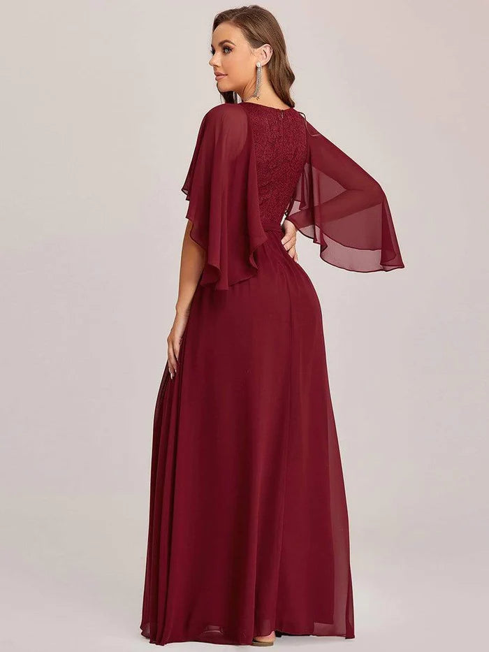 Elegant Maxi V Neck Chiffon Wedding Guest Dress with Sleeves