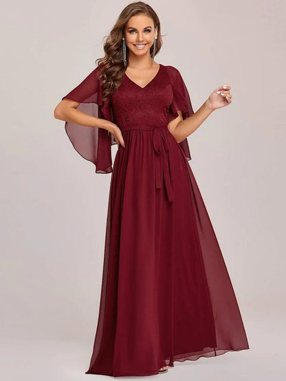 Elegant Maxi V Neck Chiffon Wedding Guest Dress with Sleeves