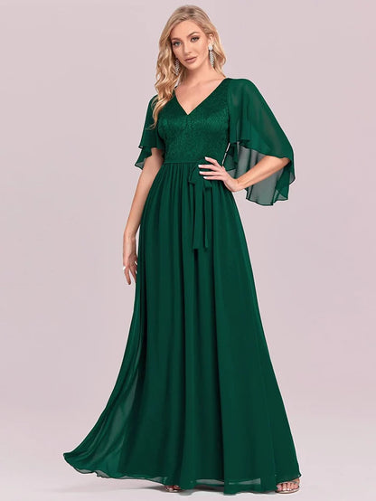 Elegant Maxi V Neck Chiffon Wedding Guest Dress with Sleeves