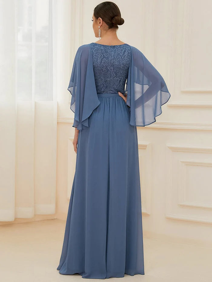 Elegant Maxi V Neck Chiffon Wedding Guest Dress with Sleeves