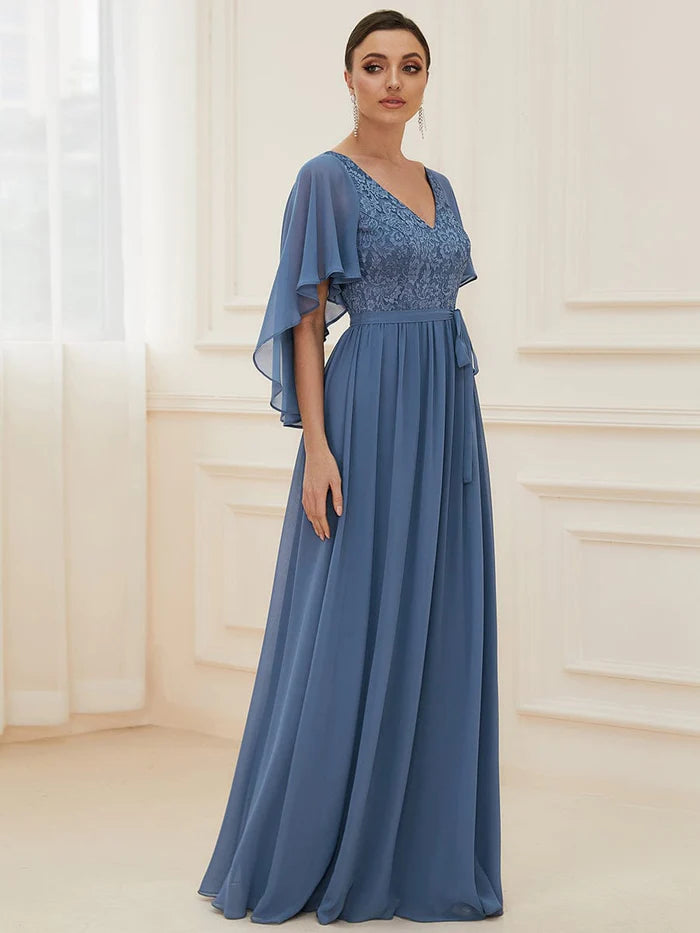 Deep V Neck Lace Bodice Long Flowy Evening Dress