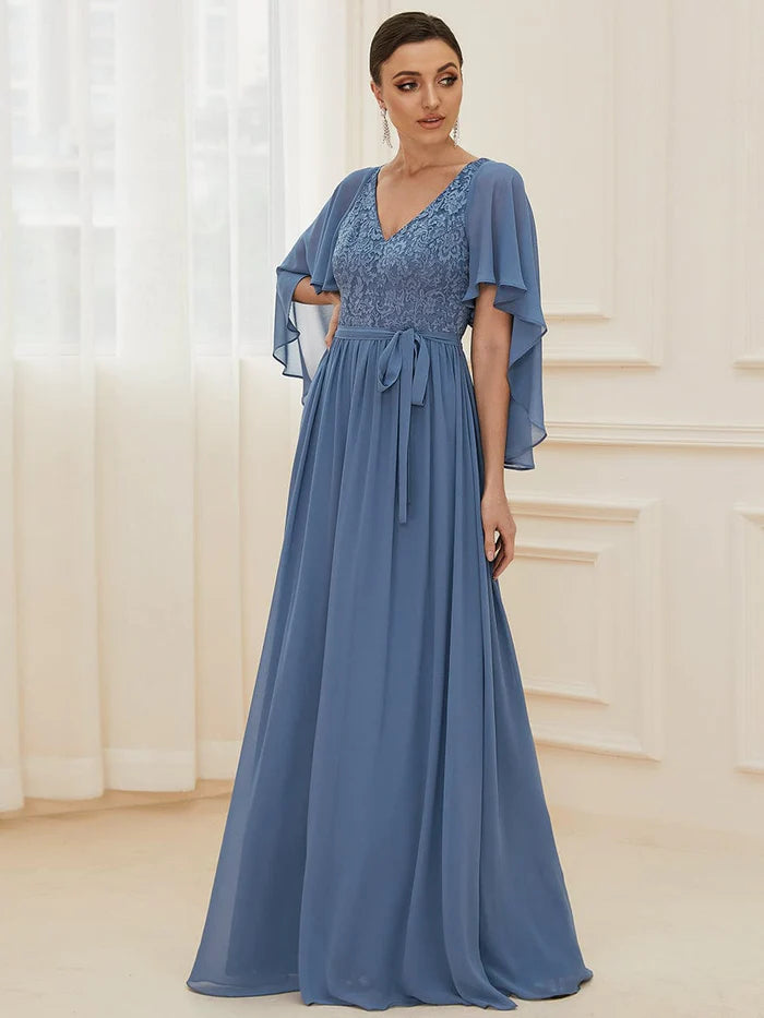 Elegant Maxi V Neck Chiffon Wedding Guest Dress with Sleeves