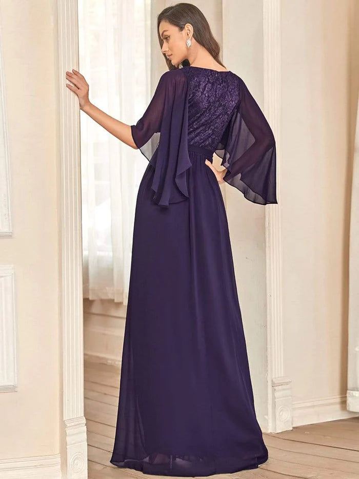 Elegant Maxi V Neck Chiffon Wedding Guest Dress with Sleeves