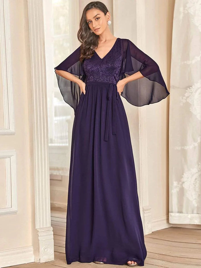 Elegant Maxi V Neck Chiffon Wedding Guest Dress with Sleeves