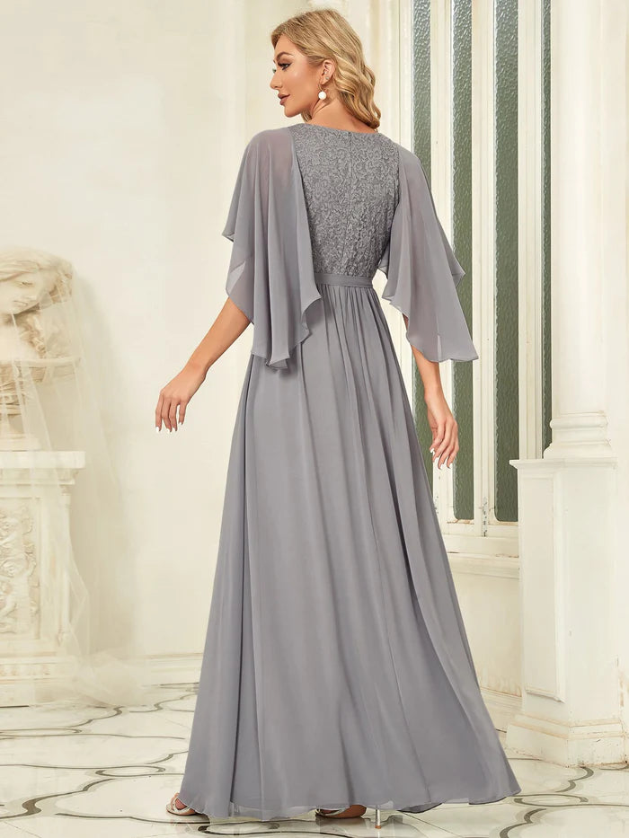 Elegant Maxi V Neck Chiffon Wedding Guest Dress with Sleeves