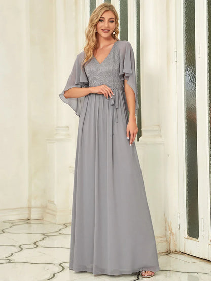 Elegant Maxi V Neck Chiffon Wedding Guest Dress with Sleeves