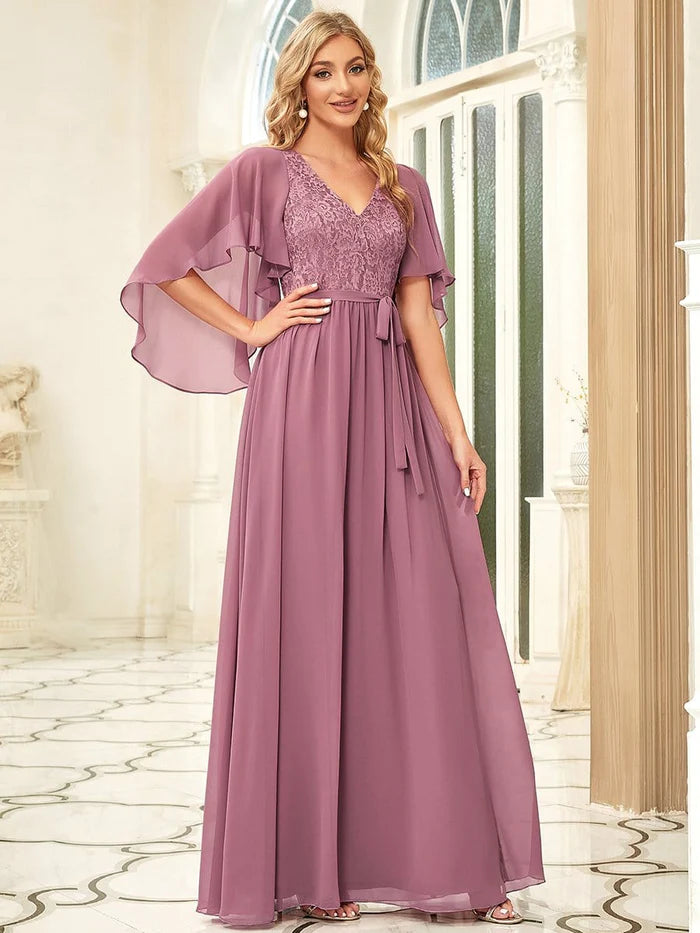 Elegant Maxi V Neck Chiffon Wedding Guest Dress with Sleeves