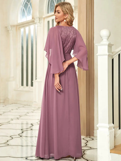 Elegant Maxi V Neck Chiffon Wedding Guest Dress with Sleeves