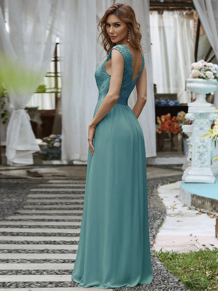 Round Neck Lace Bodice Bridesmaid Dress