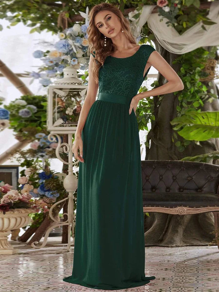 Round Neck Lace Bodice Bridesmaid Dress