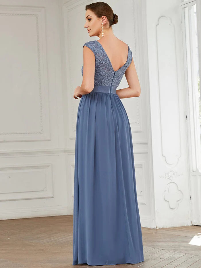 Round Neck Lace Bodice Bridesmaid Dress