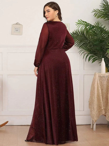 Women's Sexy V-Neck Shiny Plus Size Evening Dresses with Long Sleeve