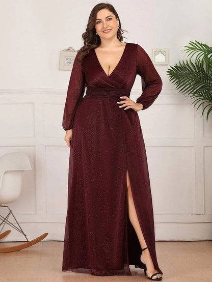 Women's Sexy V-Neck Shiny Plus Size Evening Dresses with Long Sleeve