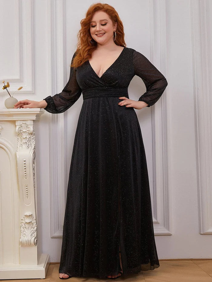 Women's Sexy V-Neck Shiny Plus Size Evening Dresses with Long Sleeve