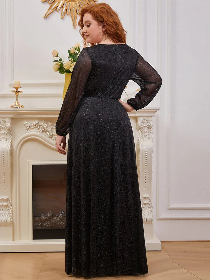 Women's Sexy V-Neck Shiny Plus Size Evening Dresses with Long Sleeve