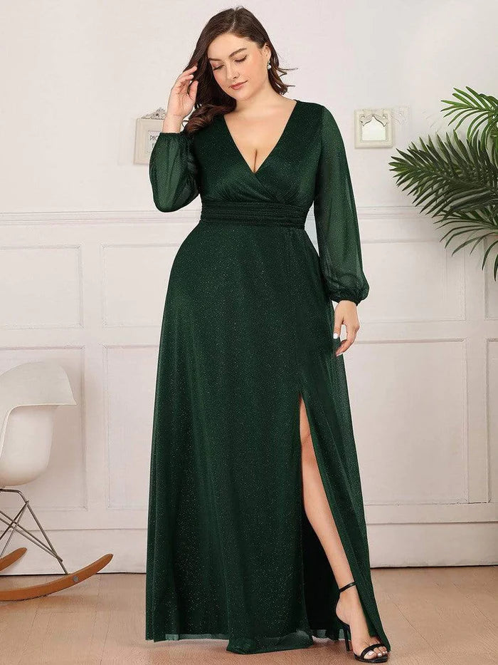 Women's Sexy V-Neck Shiny Plus Size Evening Dresses with Long Sleeve