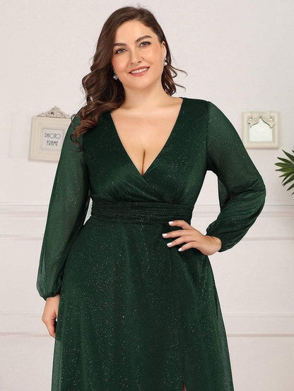 Women's Sexy V-Neck Shiny Plus Size Evening Dresses with Long Sleeve