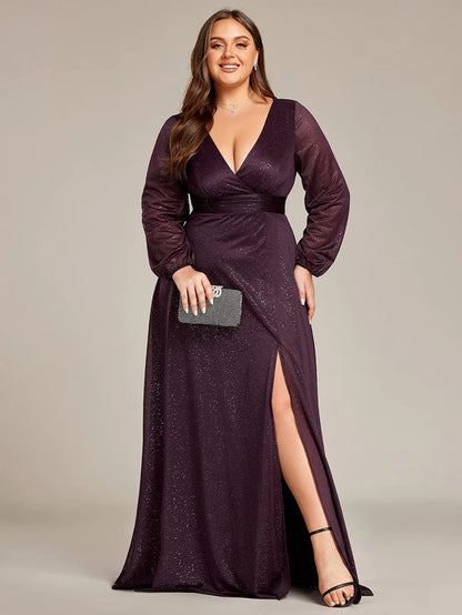 Women's Sexy V-Neck Shiny Plus Size Evening Dresses with Long Sleeve