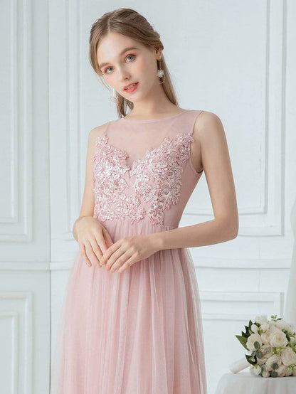 Elegant See Through Round Neck Applique Tulle Bridesmaid Dress