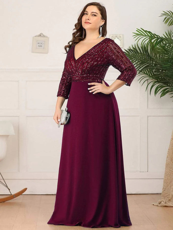 Plus Size Sexy V Neck A-Line Sequin Evening Dress with Sleeve