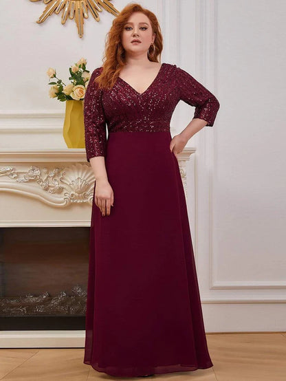 Plus Size Sexy V Neck A-Line Sequin Evening Dress with Sleeve