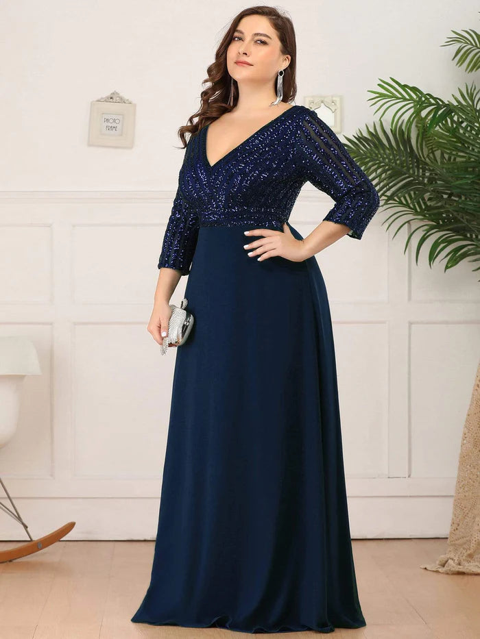 Sexy V Neck A-Line Sequin Evening Dresses with 3/4 Sleeve