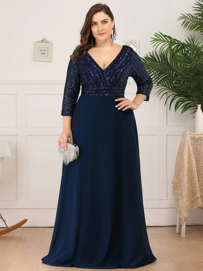 Sexy V Neck A-Line Sequin Evening Dresses with 3/4 Sleeve