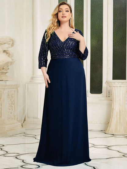 Plus Size Sexy V Neck A-Line Sequin Evening Dress with Sleeve