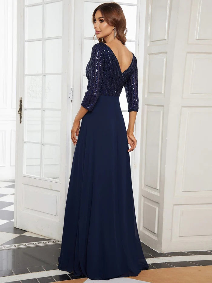 Sexy V Neck A-Line Sequin Evening Dresses with 3/4 Sleeve