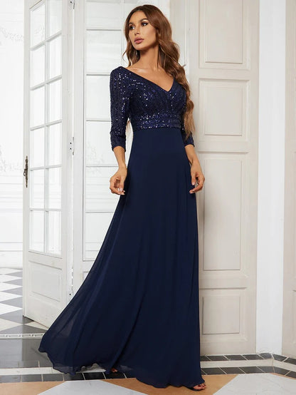 Sexy V Neck A-Line Sequin Evening Dresses with 3/4 Sleeve