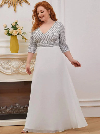 Plus Size Sexy V Neck A-Line Sequin Evening Dress with Sleeve