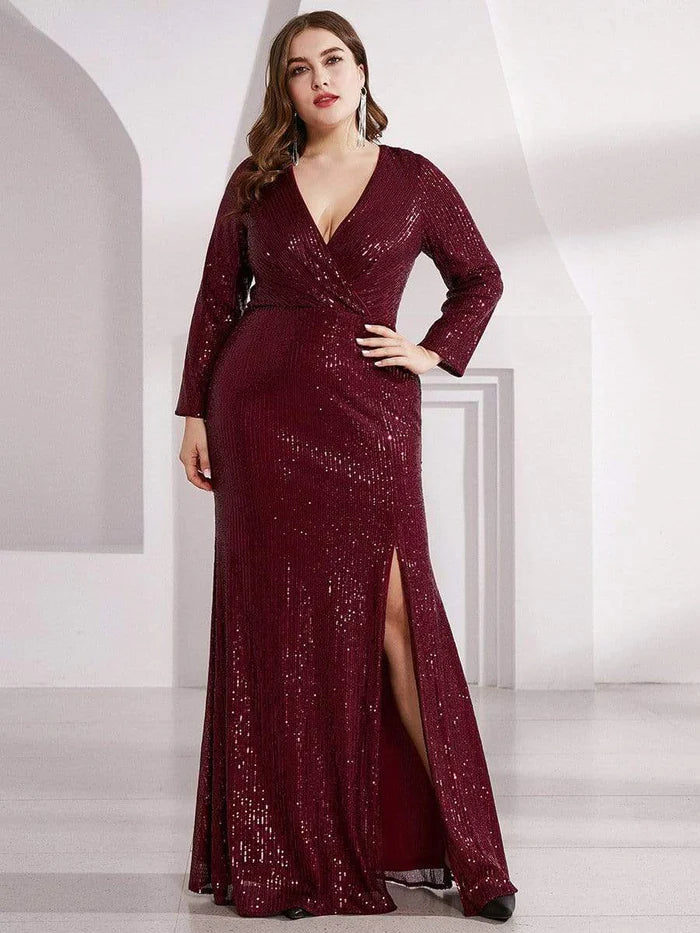 Shiny V Neck Sequin Long Sleeves Evening Dress