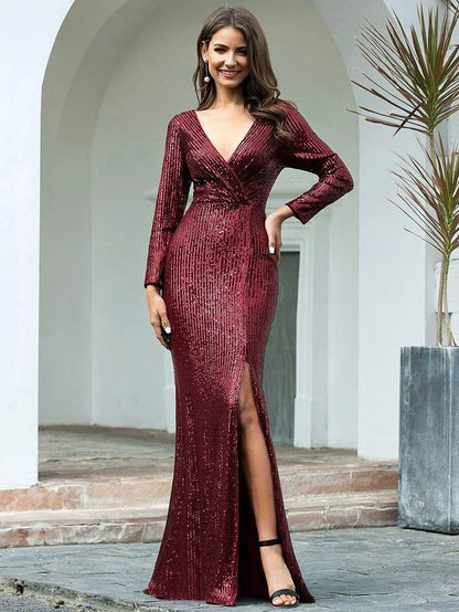 Shiny V Neck Sequin Long Sleeves Evening Dress