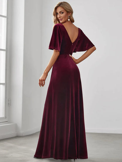 Trendy Double V Neck Velvet Wedding Guest Dress