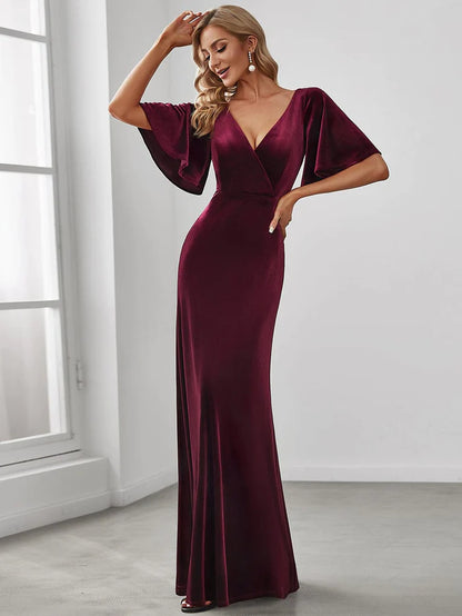 Trendy Double V Neck Velvet Wedding Guest Dress