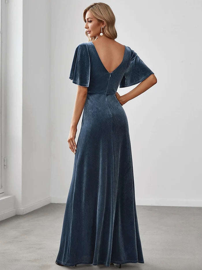 Trendy Double V Neck Velvet Wedding Guest Dress